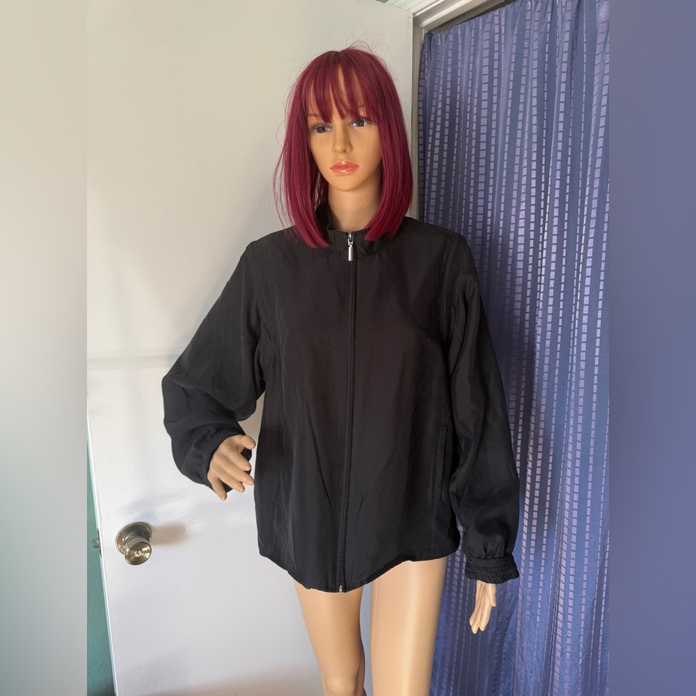 Bobby Chan Black Silk Lined Jacket Zip Front Detachable Sleeves L Stand Collar